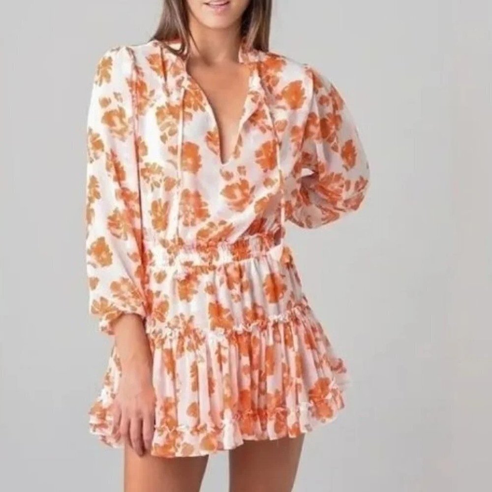 New MISA / Lorena tiered Orange Tie Dye Floral Ruffle Smocked Mini Dress P2776